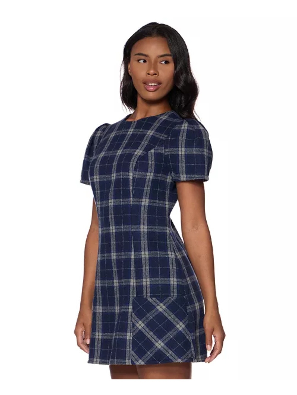 Women’s Navy Plaid Short Sleeve A-Line Dress
